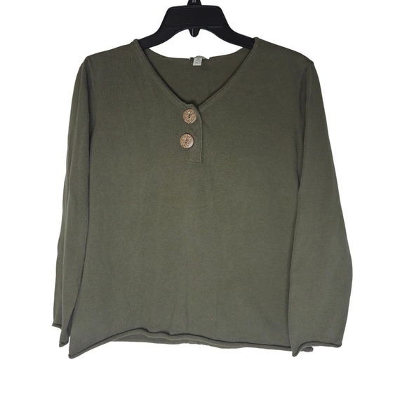 J. Jill Sweaters - J. Jill Olive Green 100% Cotton V-Neck Button Accent Sweater Petite Small SP